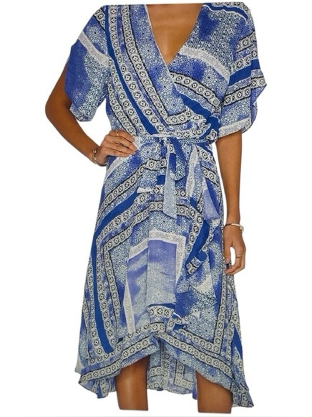 Parker Dominica Olympos Blue Faux Wrap Midi Dress Short Sleeve Medium NWT
